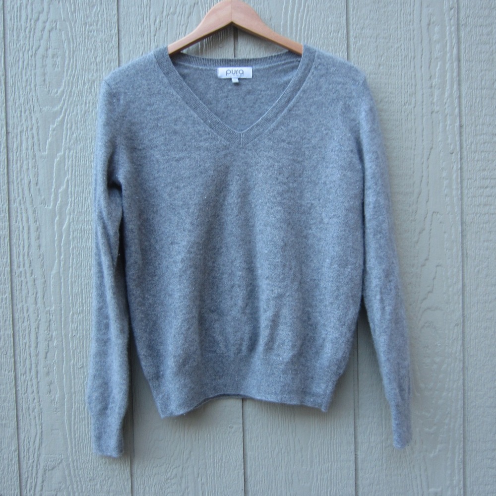Pura Cashmere Sweater Womens Small Gray V-Neck Long Sleeve Soft Casual Winter